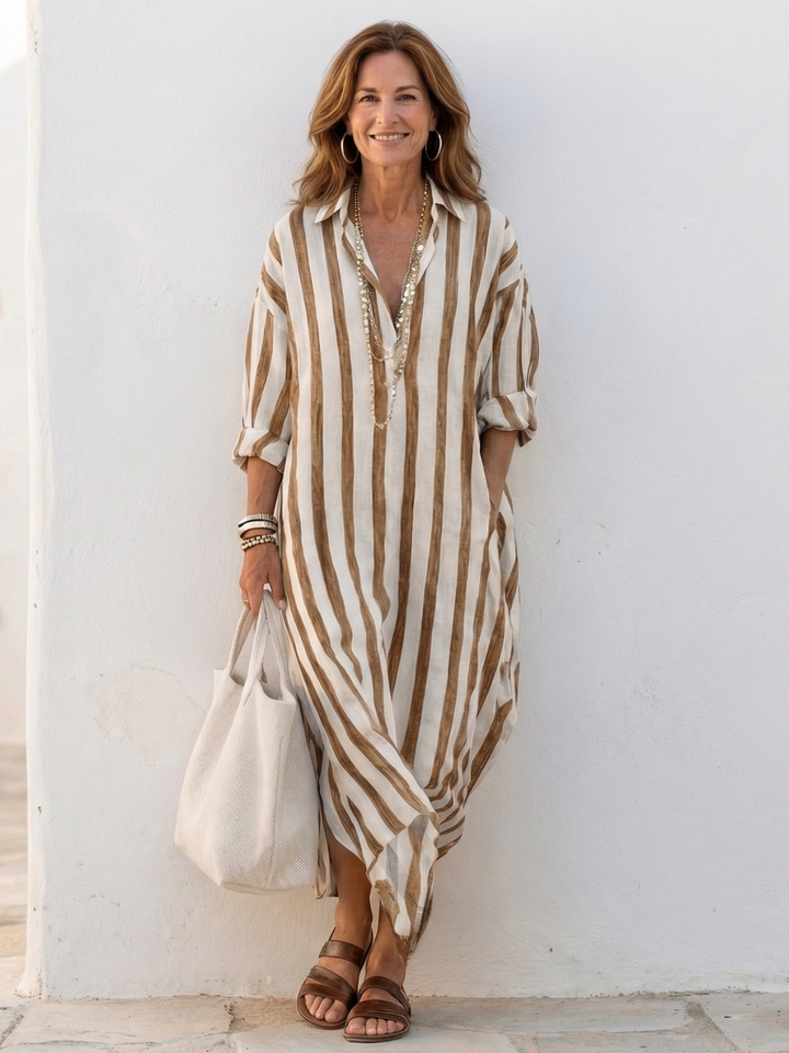 Marisa | Vestido Camisero Midi de Rayas de Manga Larga