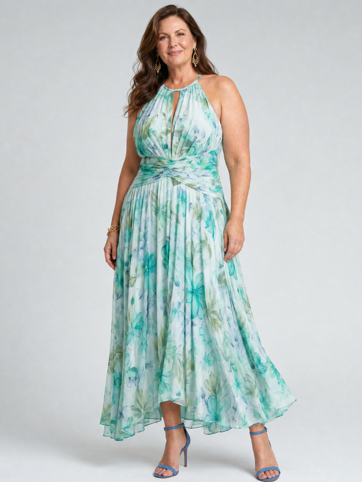 Francine | Robe midi à bretelles plissées avec motif floral doux