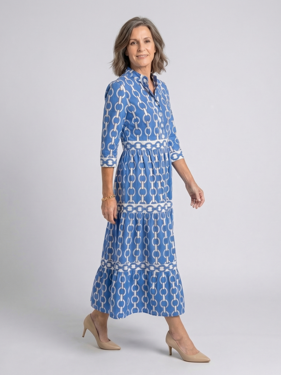 Silvia | Vestido Midi de Manga Tres Cuartos con Patrón de Cadenas