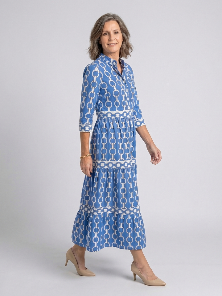 Silvia | Vestido Midi de Manga Tres Cuartos con Patrón de Cadenas