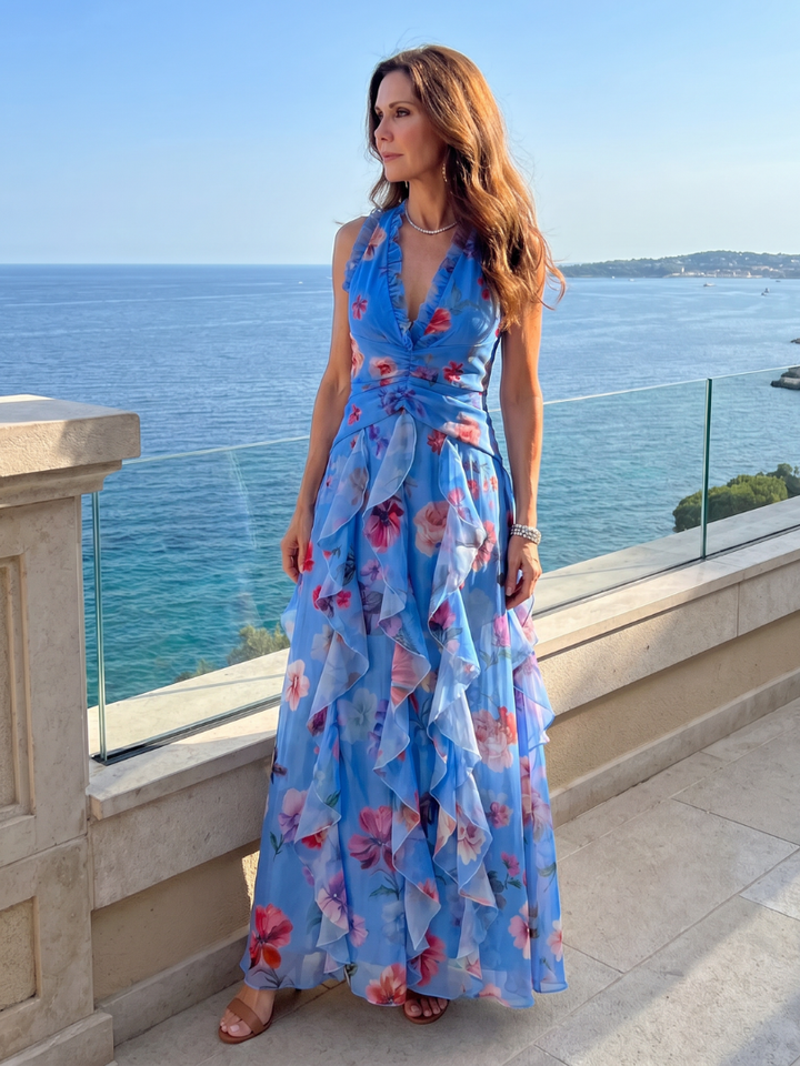 Nathalie | Robe maxi florale froncée à encolure halter