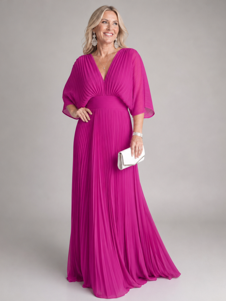 Semorph | V Neck Long Sleeve Pleated Maxi Dress
