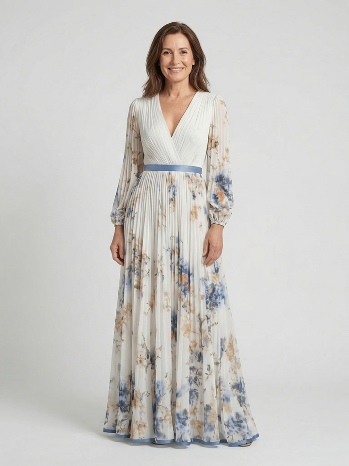 Rosa | Vestido Maxi Floral de Manga Larga con Escote en V