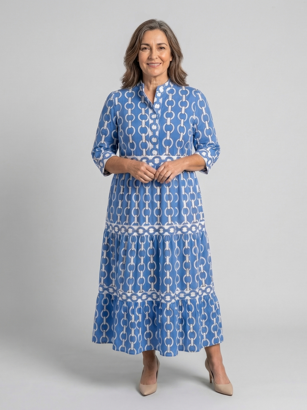 Silvia | Vestido Midi de Manga Tres Cuartos con Patrón de Cadenas