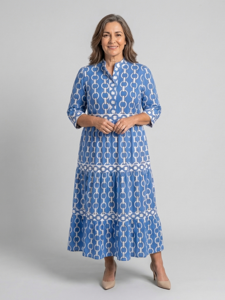 Silvia | Vestido Midi de Manga Tres Cuartos con Patrón de Cadenas