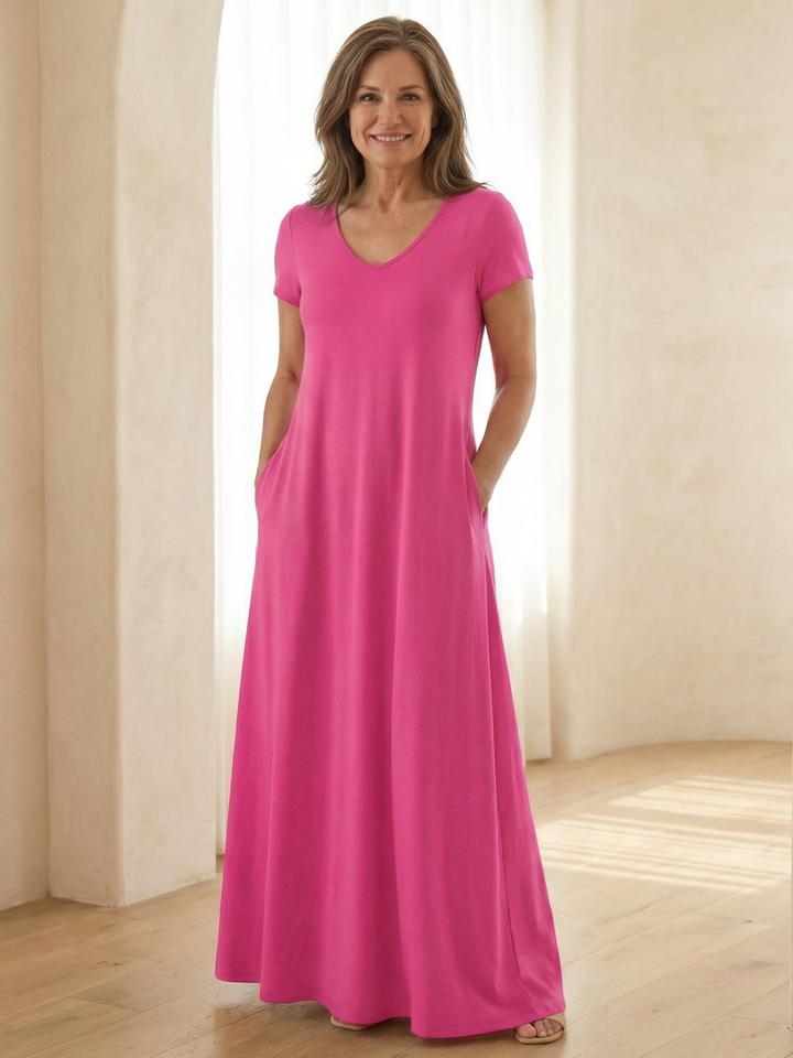 Silvia | Vestido Maxi con Cuello en V y Manga Corta con Bolsillos