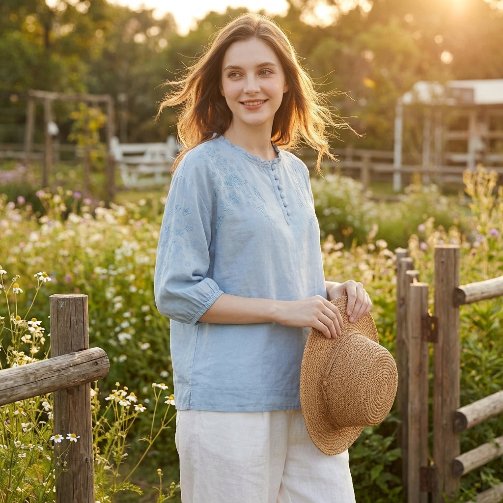 Abril | Mujer Blusa Bordada Manga Abullonada
