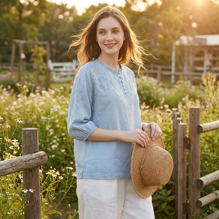 Abril | Mujer Blusa Bordada Manga Abullonada