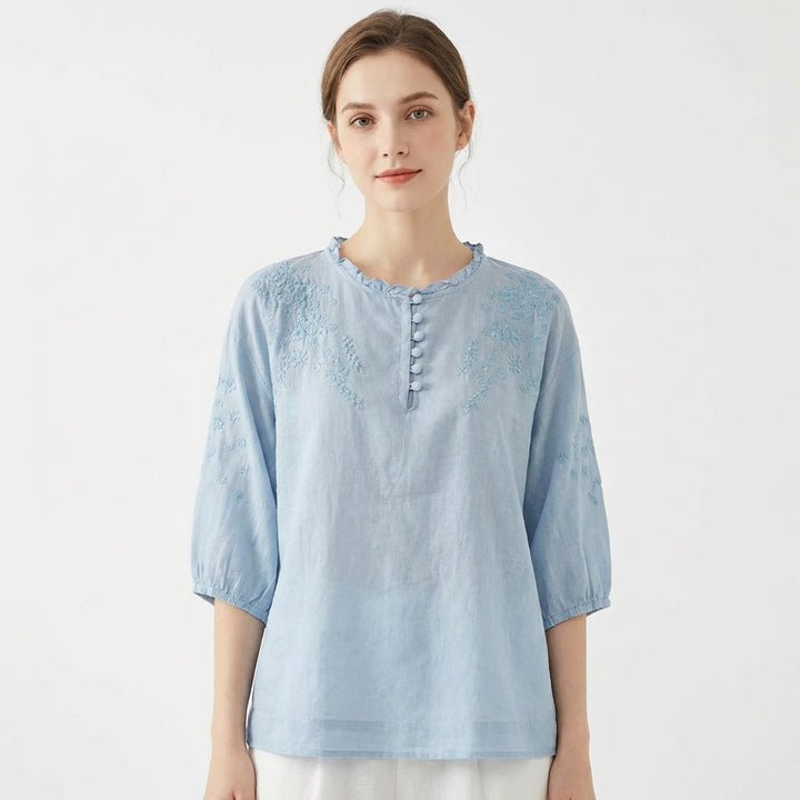 Abril | Mujer Blusa Bordada Manga Abullonada