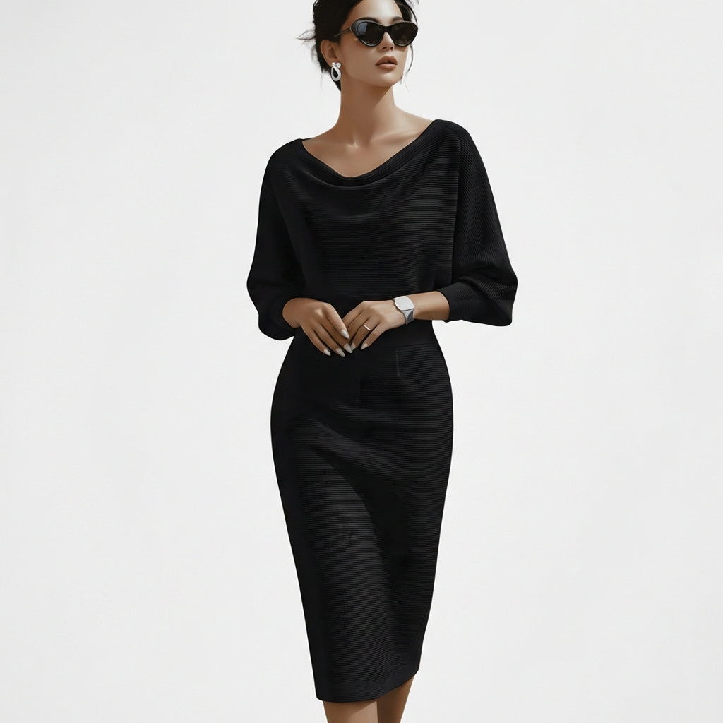Adriana | Vestido Midi Cuello Drapeado Mujer Sofisticado