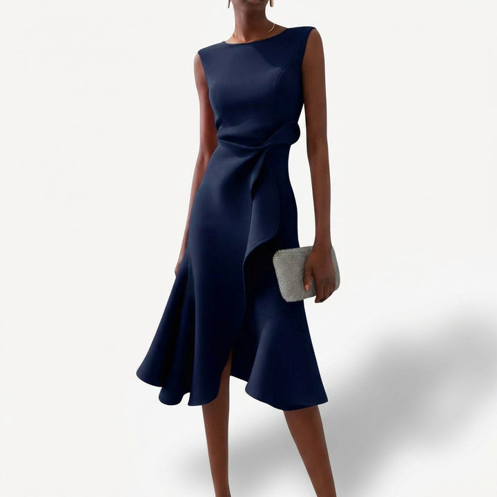 Agustina | Mujer Vestido Midi Drapeado Volante Asimétrico
