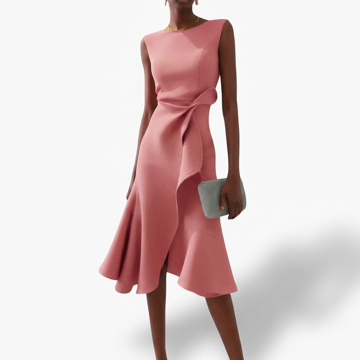 Agustina | Mujer Vestido Midi Drapeado Volante Asimétrico