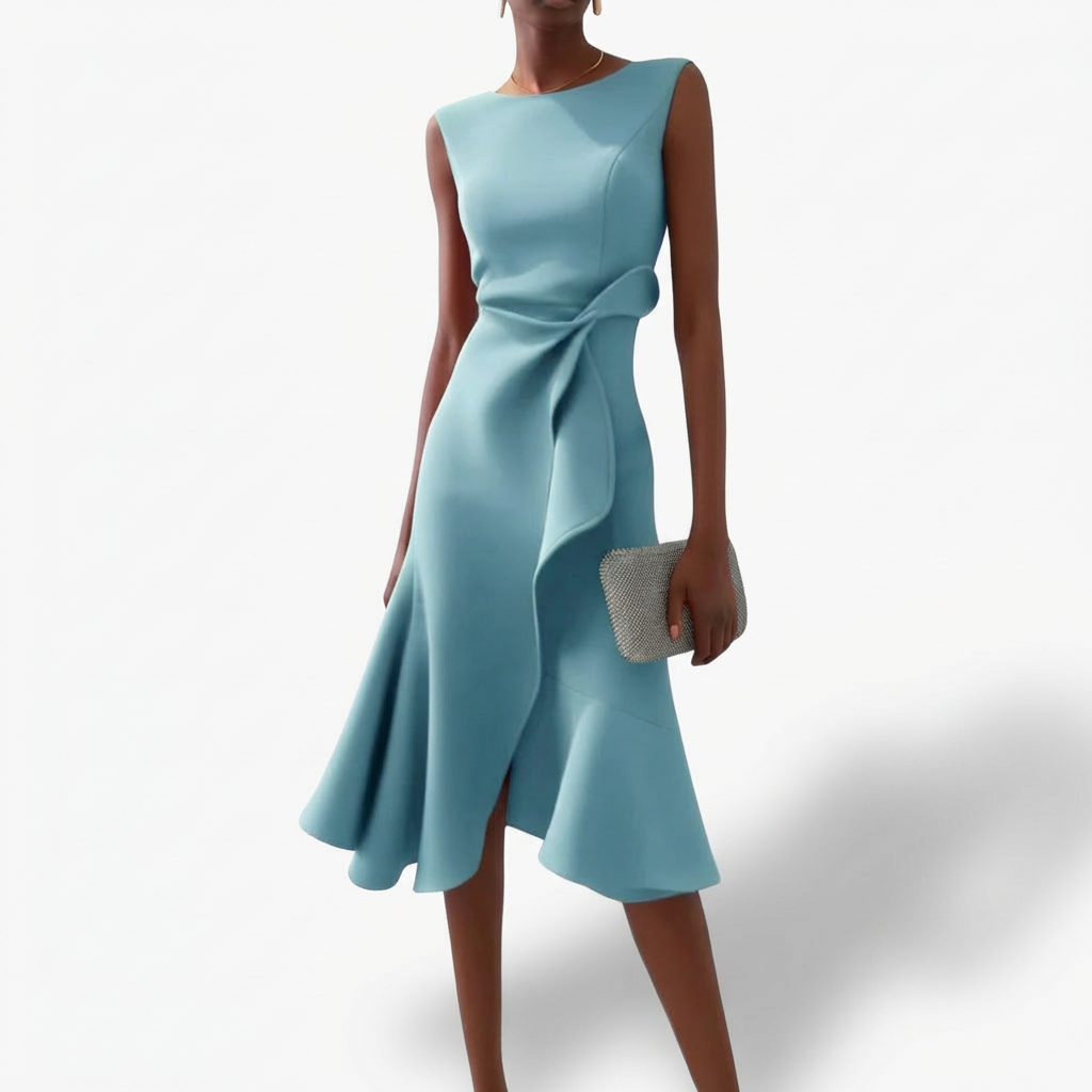 Agustina | Mujer Vestido Midi Drapeado Volante Asimétrico
