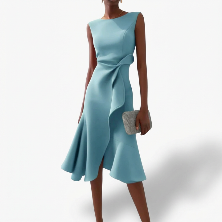 Agustina | Mujer Vestido Midi Drapeado Volante Asimétrico