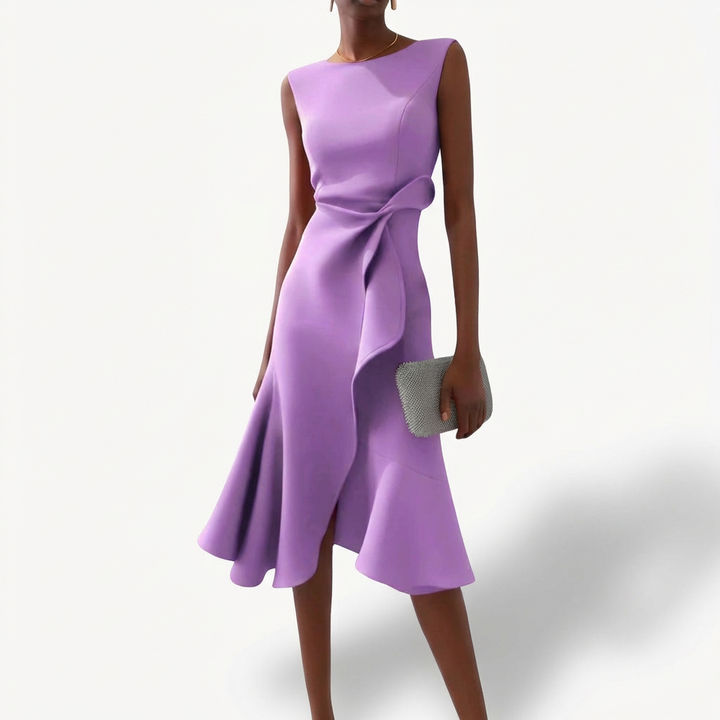 Agustina | Mujer Vestido Midi Drapeado Volante Asimétrico