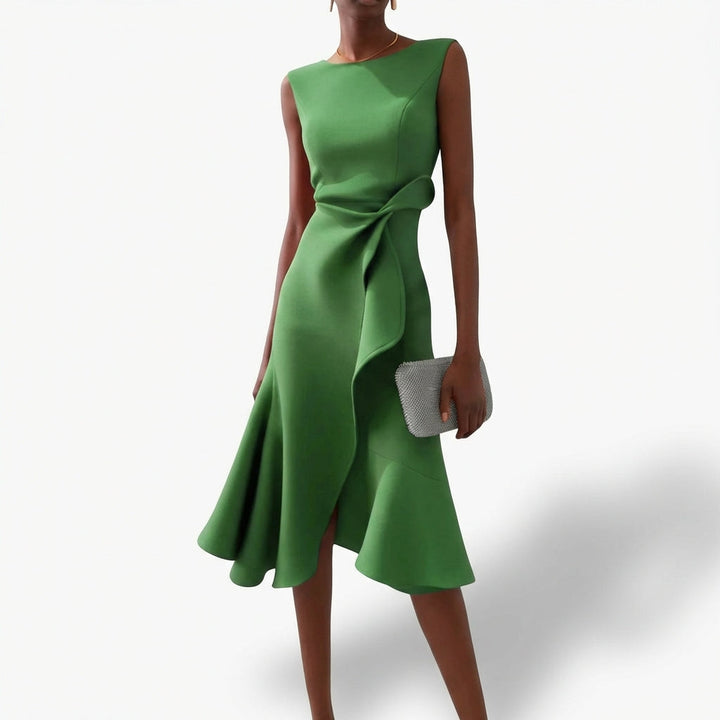 Agustina | Mujer Vestido Midi Drapeado Volante Asimétrico