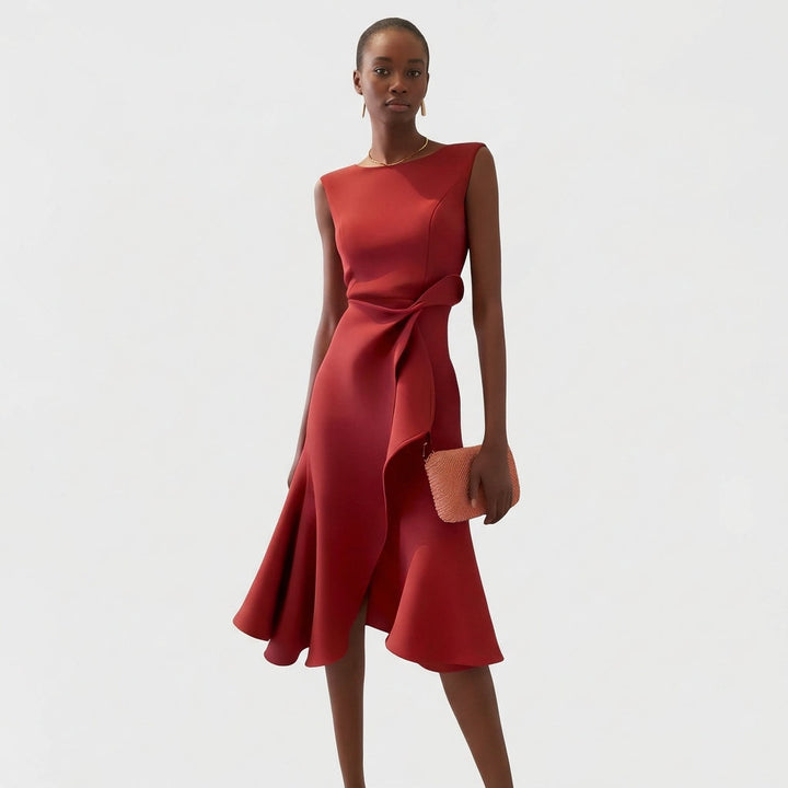 Agustina | Mujer Vestido Midi Drapeado Volante Asimétrico