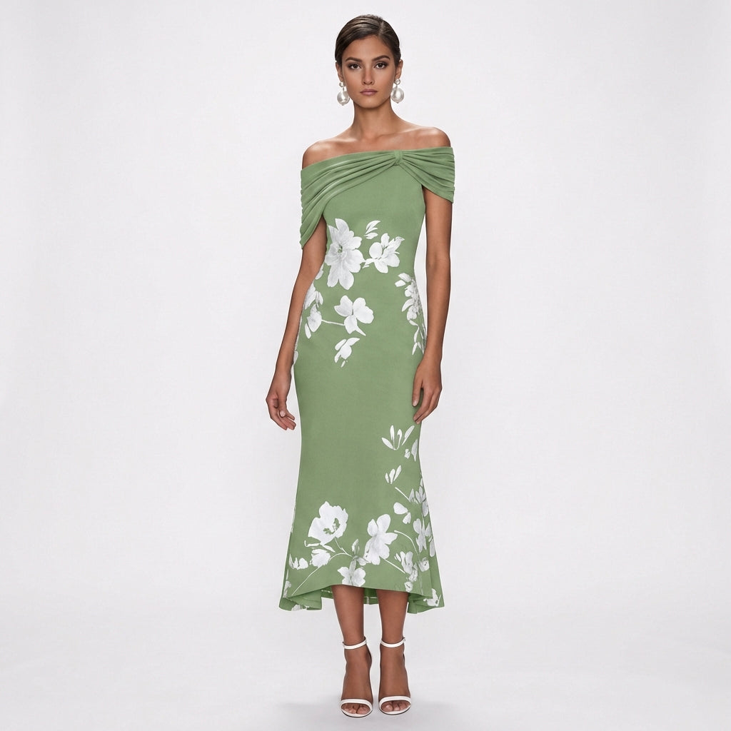 Aitana | Vestido Midi Floral Hombros Descubiertos Elegante Mujer