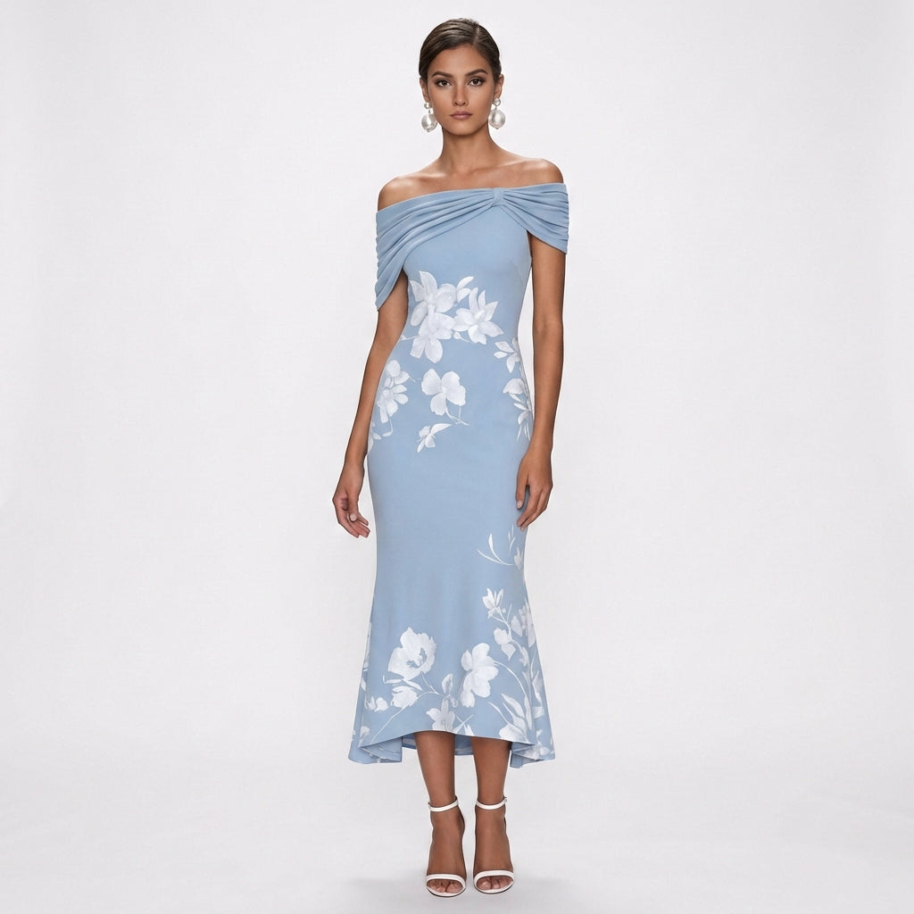 Aitana | Vestido Midi Floral Hombros Descubiertos Elegante Mujer