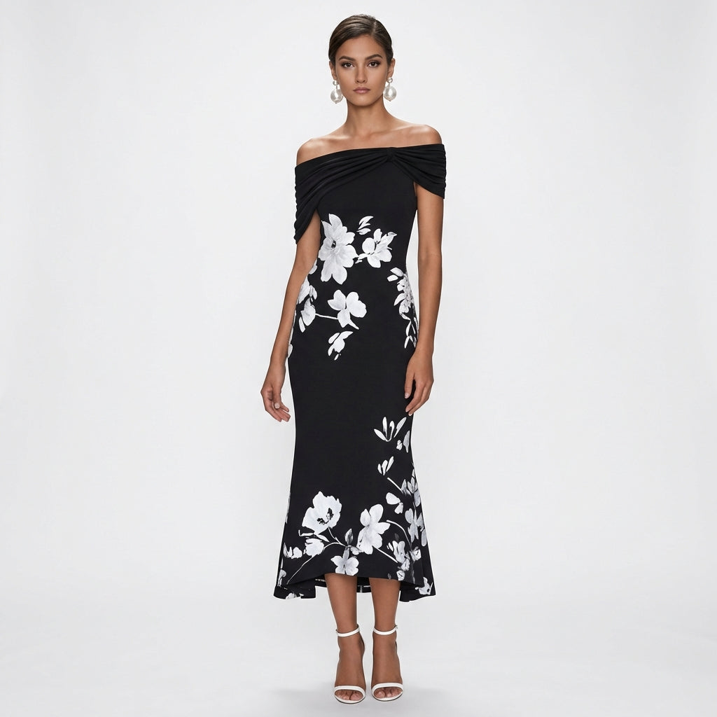 Aitana | Vestido Midi Floral Hombros Descubiertos Elegante Mujer