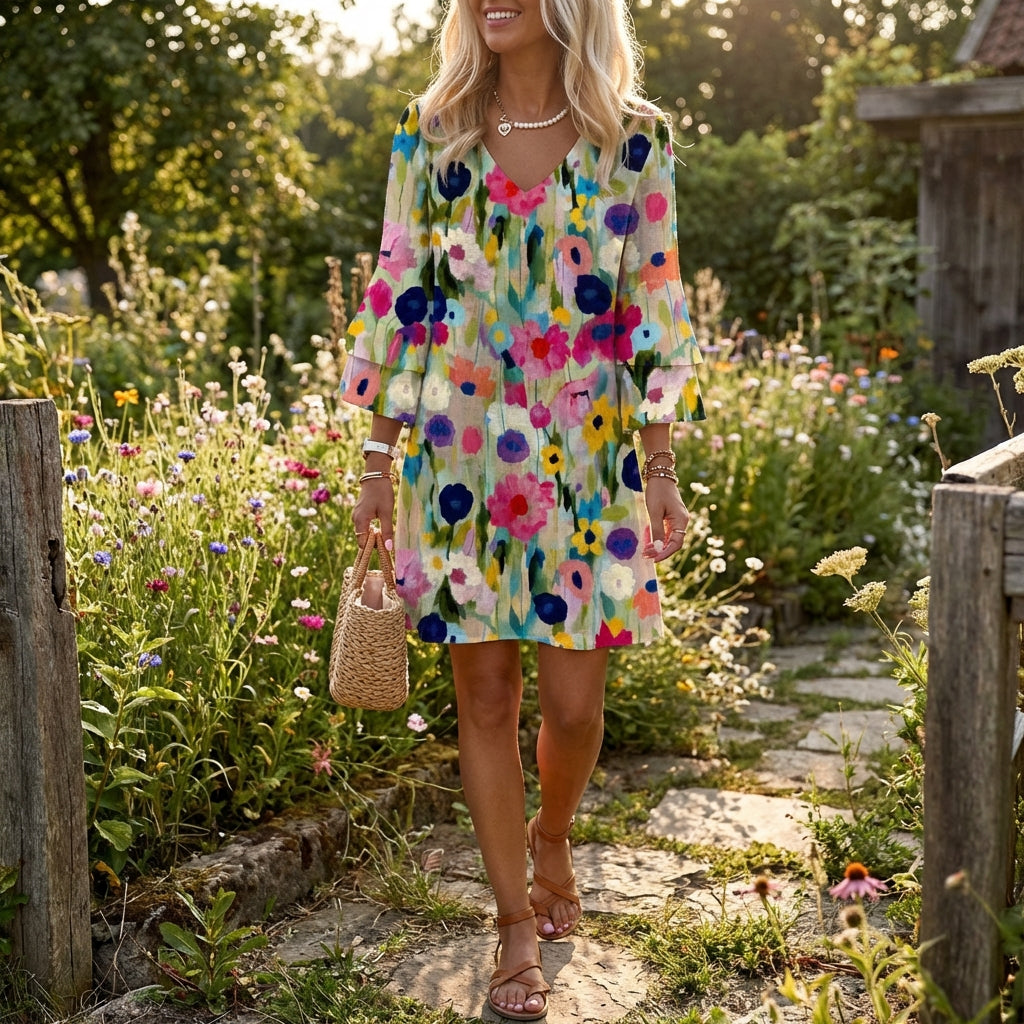 Alegría | Mujer Vestido Corto Escote V Manga Volante Floral