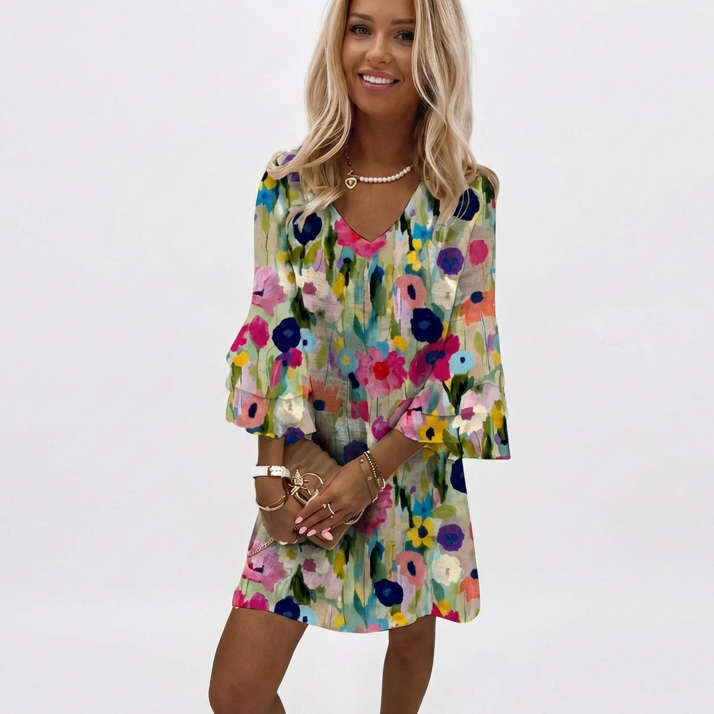 Alegría | Mujer Vestido Corto Escote V Manga Volante Floral