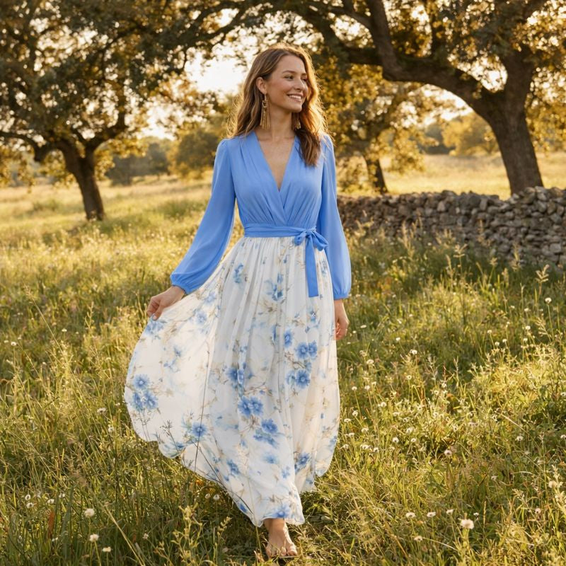 Alison | Azul Vestido Maxi de Manga Larga para Mujer