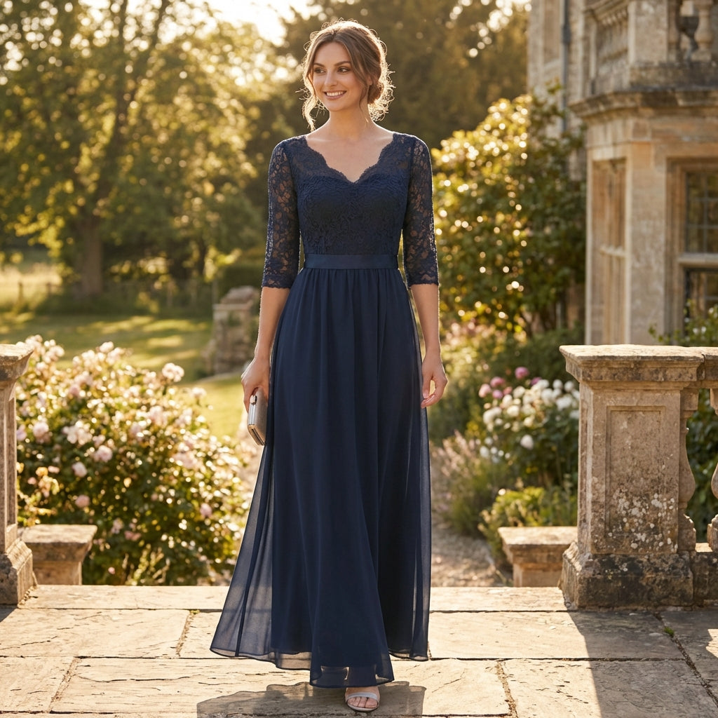 Amparo | Vestido Maxi Cuello V con Cuerpo de Encaje Elegante Mujer