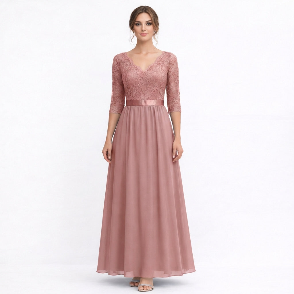 Amparo | Vestido Maxi Cuello V con Cuerpo de Encaje Elegante Mujer