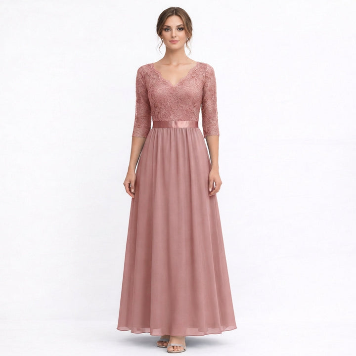 Amparo | Vestido Maxi Cuello V con Cuerpo de Encaje Elegante Mujer