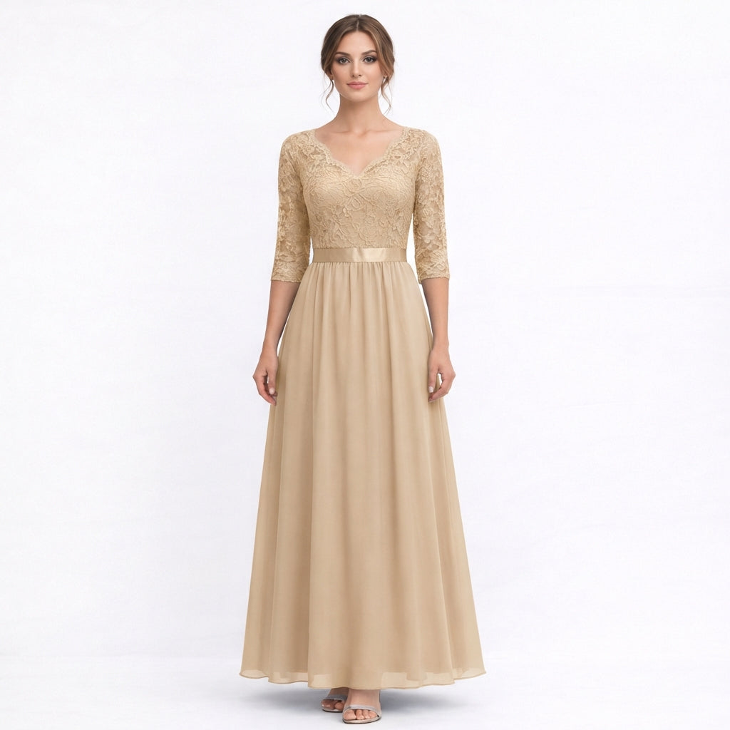 Amparo | Vestido Maxi Cuello V con Cuerpo de Encaje Elegante Mujer