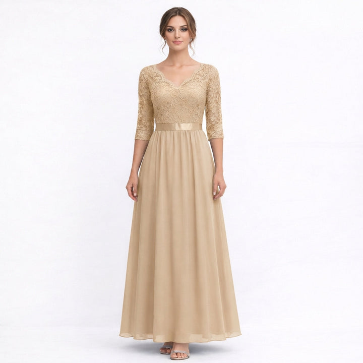 Amparo | Vestido Maxi Cuello V con Cuerpo de Encaje Elegante Mujer
