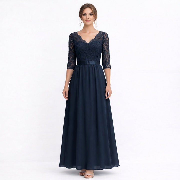 Amparo | Vestido Maxi Cuello V con Cuerpo de Encaje Elegante Mujer