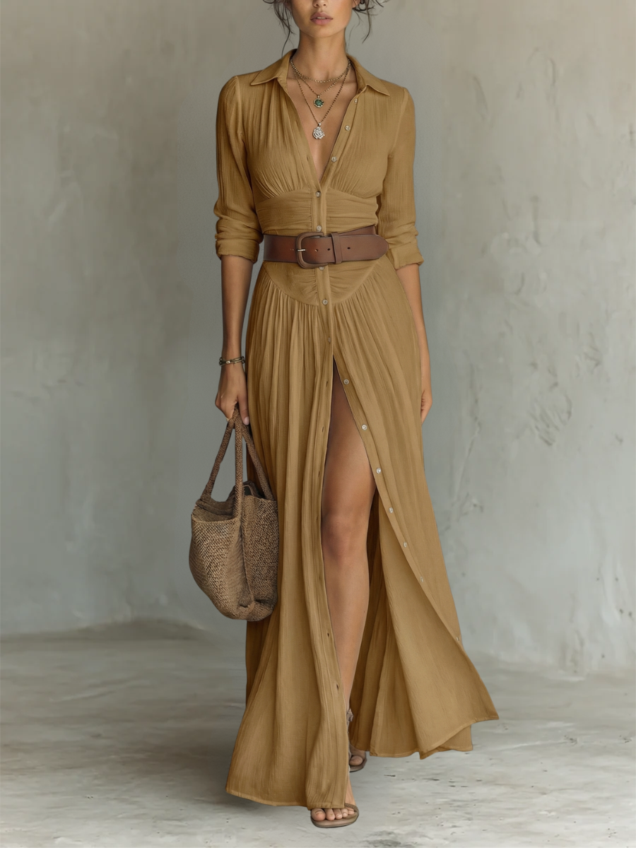 Suzanne | Robe longue à col cranté et manches longues