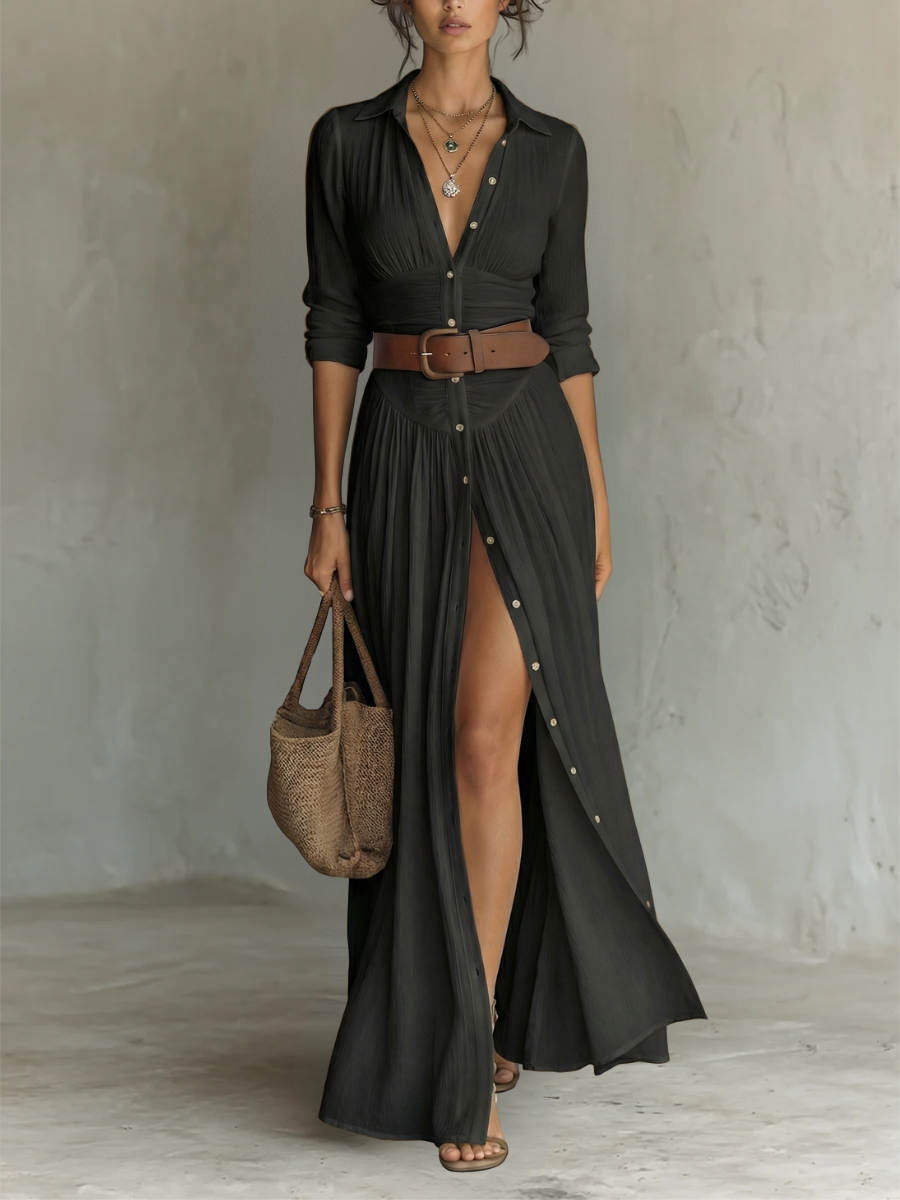 Suzanne | Robe longue à col cranté et manches longues