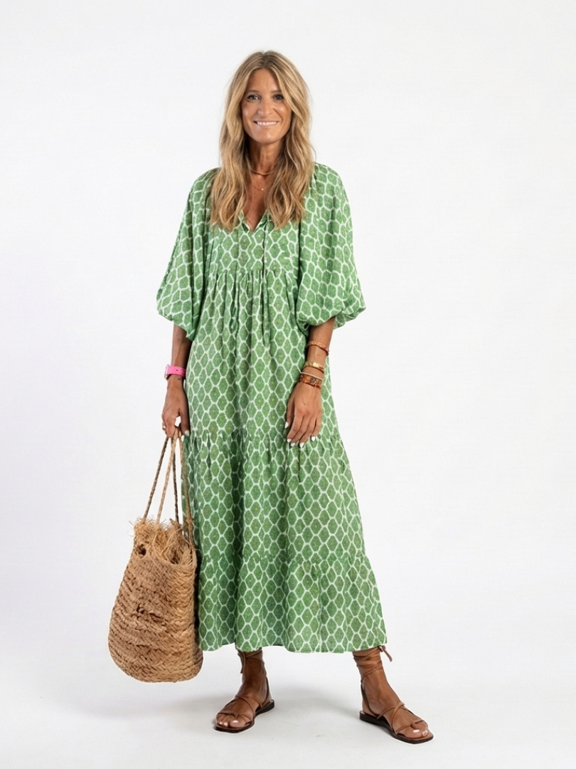 Adela | Vestido midi con cuello en V y manga tres cuartos estampado