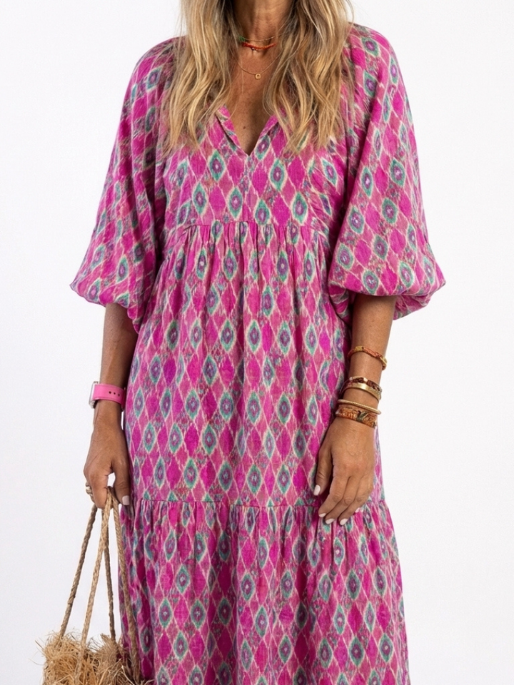 Teresa | Vestido midi con cuello en V y mangas tres cuartos estampado