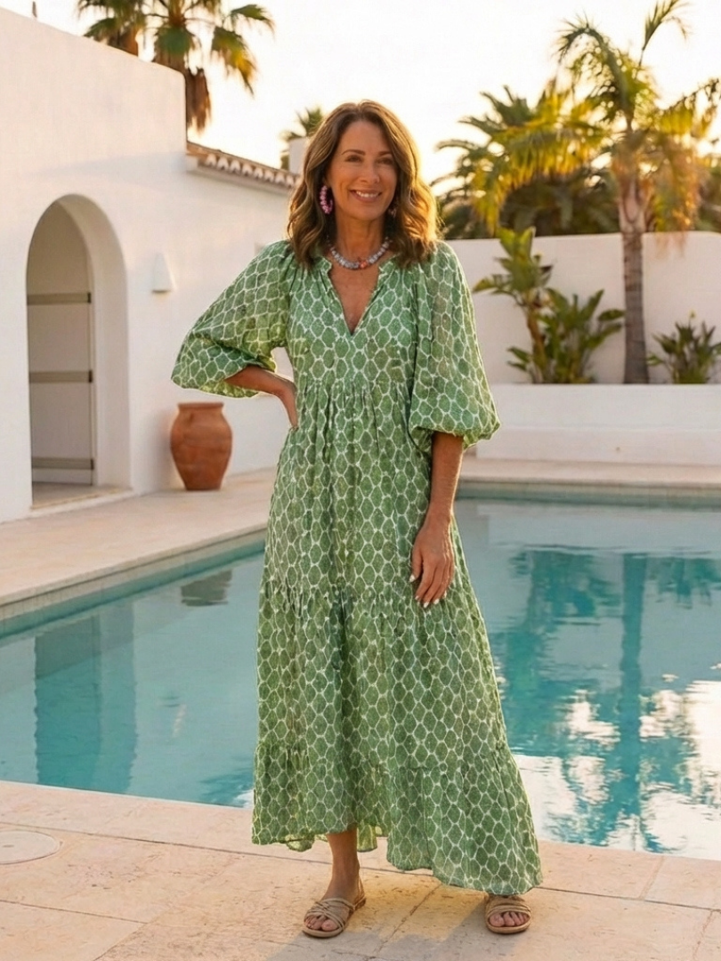 Adela | Vestido midi con cuello en V y manga tres cuartos estampado