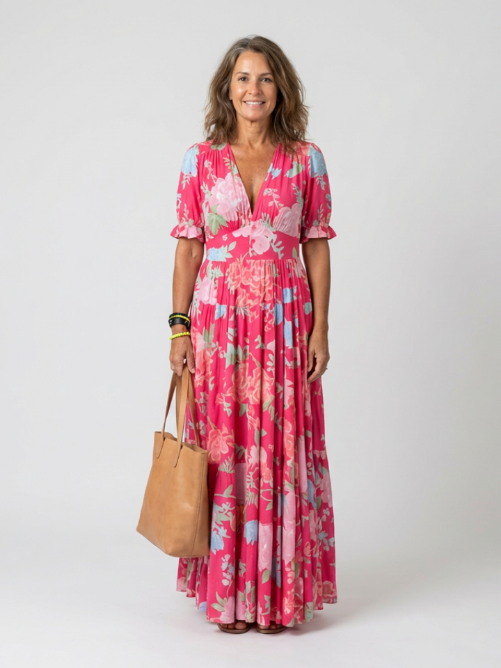 Isabelle | Robe midi florale à manches courtes et col en V
