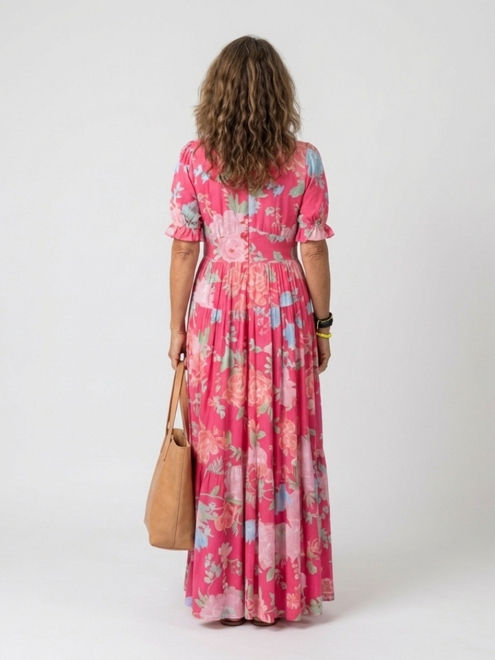 Isabelle | Robe midi florale à manches courtes et col en V