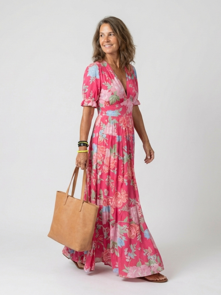 Isabelle | Robe midi florale à manches courtes et col en V