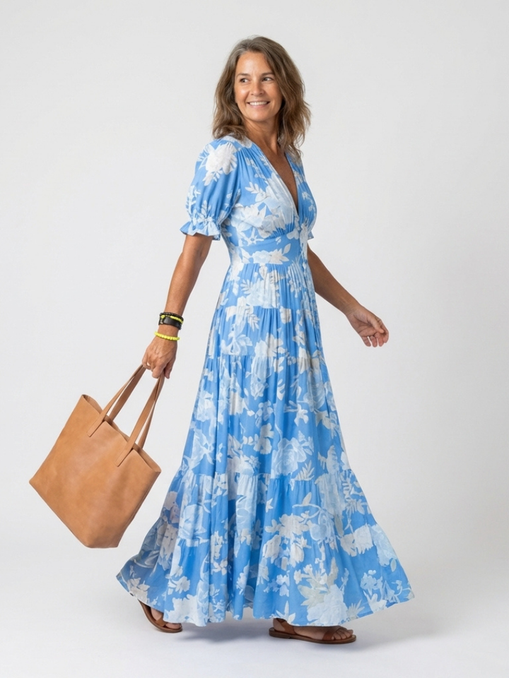 Isabelle | Robe midi florale à manches courtes et col en V