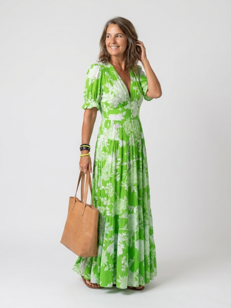 Isabelle | Robe midi florale à manches courtes et col en V