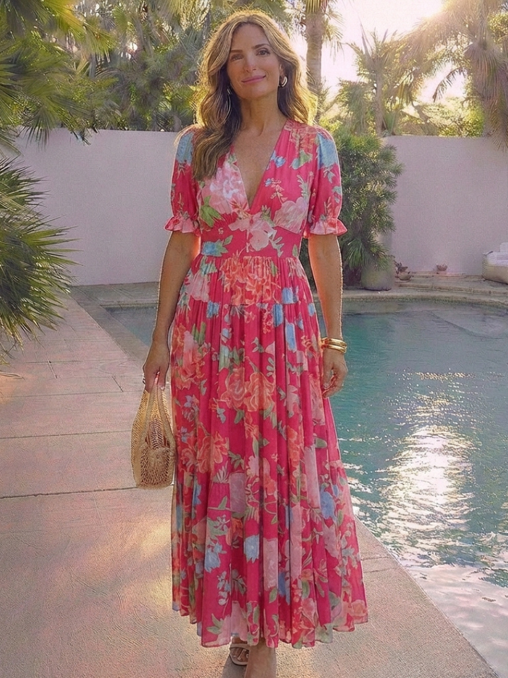 Isabelle | Robe midi florale à manches courtes et col en V