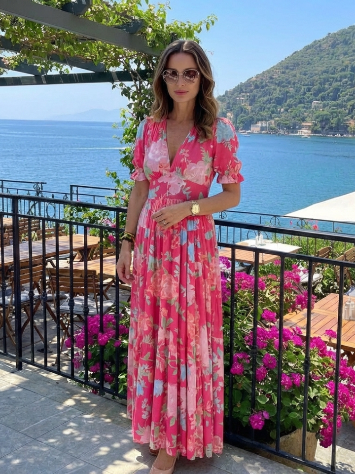Isabelle | Robe midi florale à manches courtes et col en V