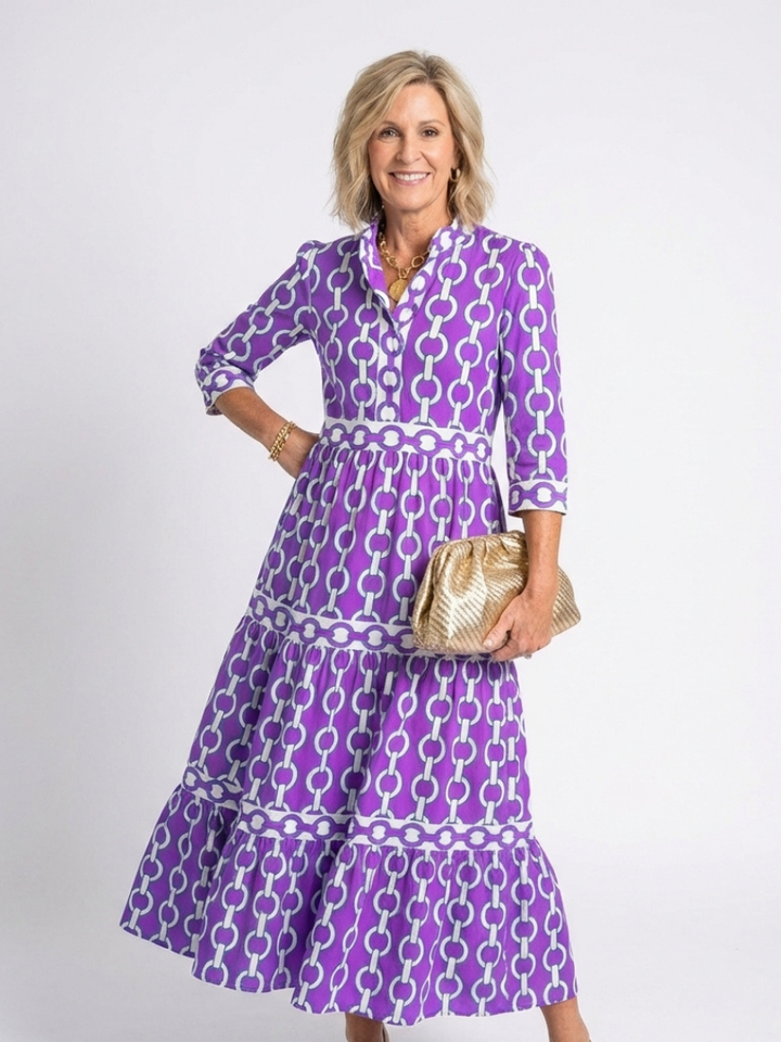 Yvonne | Robe midi à manches trois quarts et motif chaîne