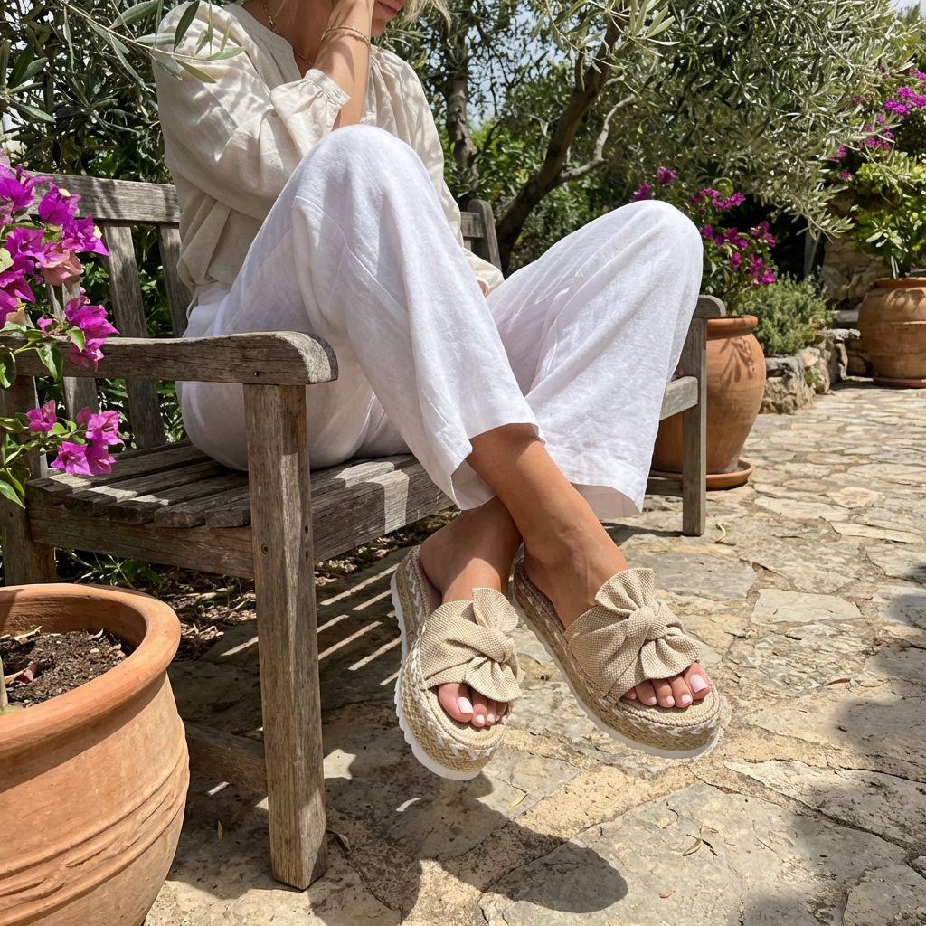 Elena | Sandalias Plataforma Mujer Con Lazo Decorativo Y Puntera Abierta | Veraniego