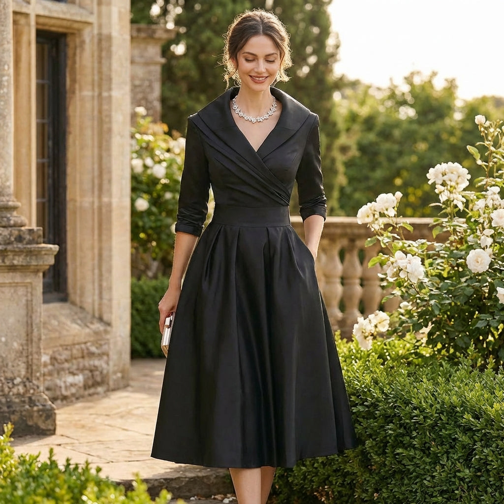 Honorata | Mujer Vestido Midi Cruzado Cuello Solapa Vuelo