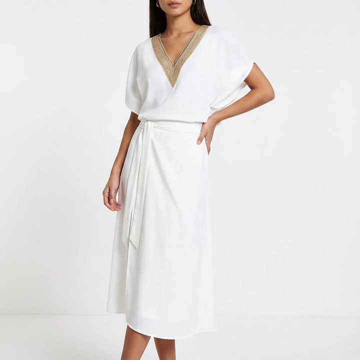 Kay | Blanco Vestido Midi Cruzado con Cuello en V para Mujer