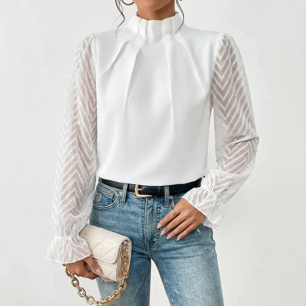 Lucia | Blusa Mujer Con Cuello Alto Fruncido Y Mangas De Encaje | Elegante